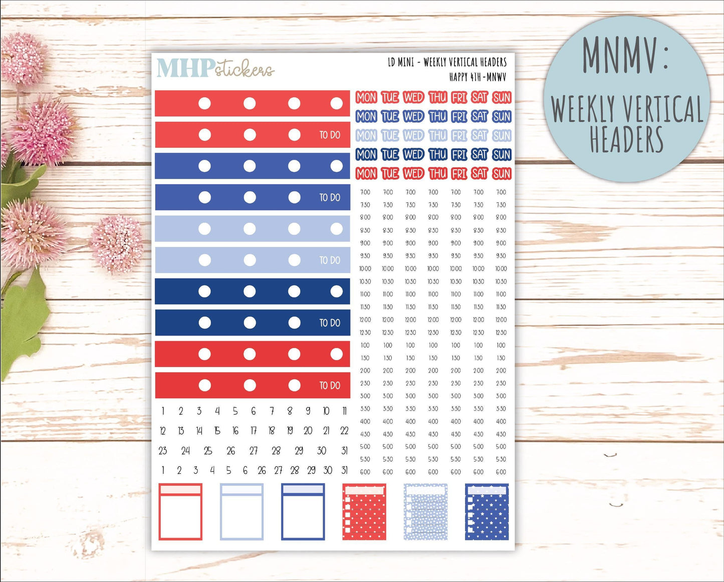 JULY 2025 Stickers for Small Horizontal & Vertical Laurel Denise Planners. (Formerly Mini Planner) "Happy 4th" || MN