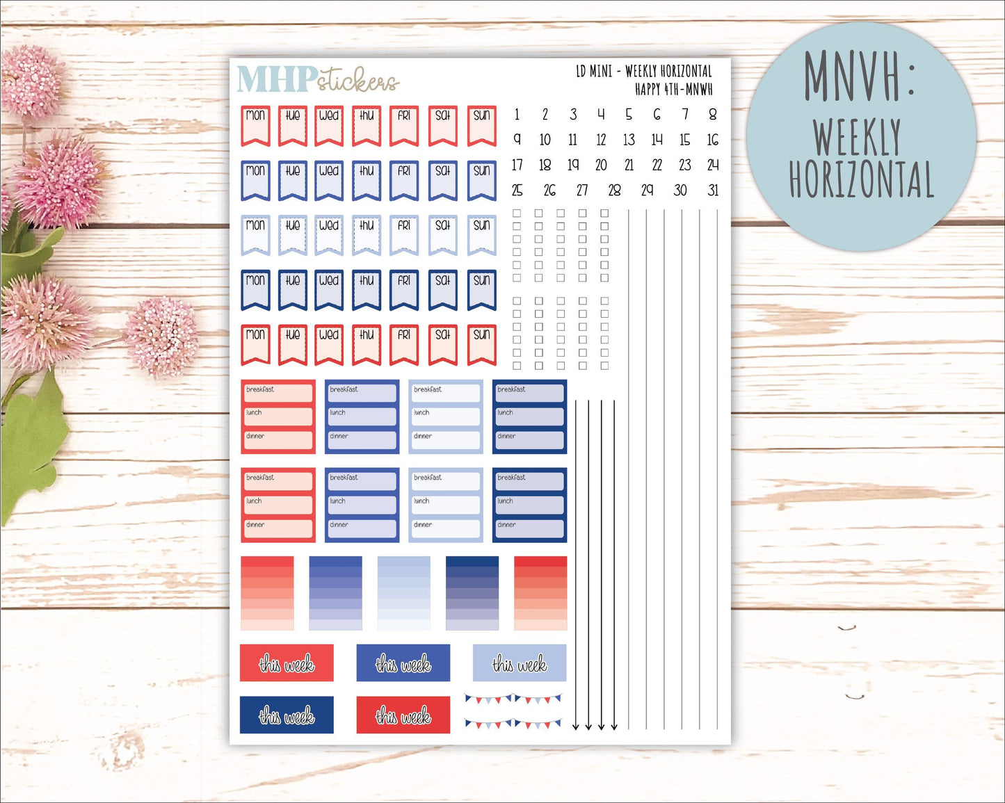 JULY 2025 Stickers for Small Horizontal & Vertical Laurel Denise Planners. (Formerly Mini Planner) "Happy 4th" || MN
