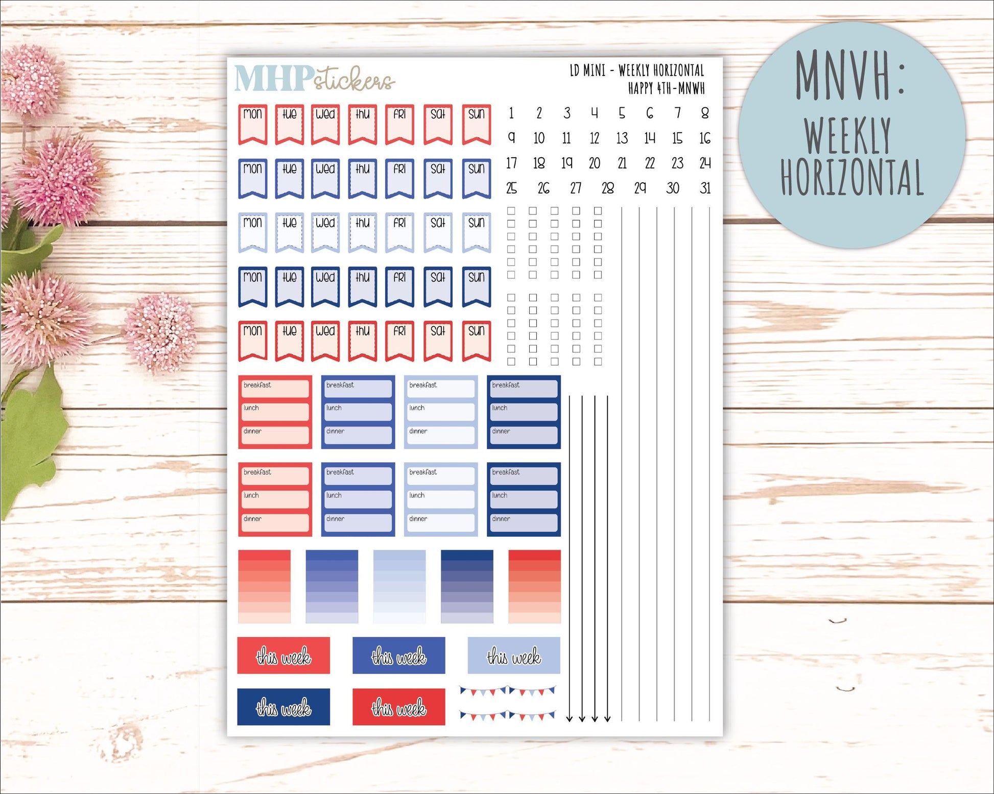 JULY 2025 Stickers for Small Horizontal & Vertical Laurel Denise Planners. (Formerly Mini Planner) "Happy 4th" || MN