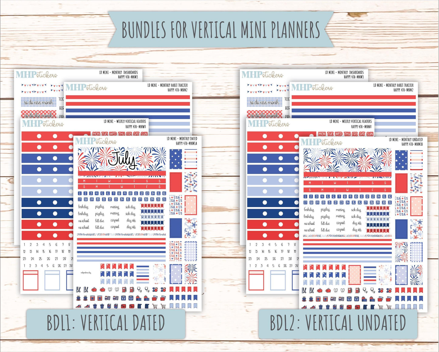 JULY 2025 Stickers for Small Horizontal & Vertical Laurel Denise Planners. (Formerly Mini Planner) "Happy 4th" || MN