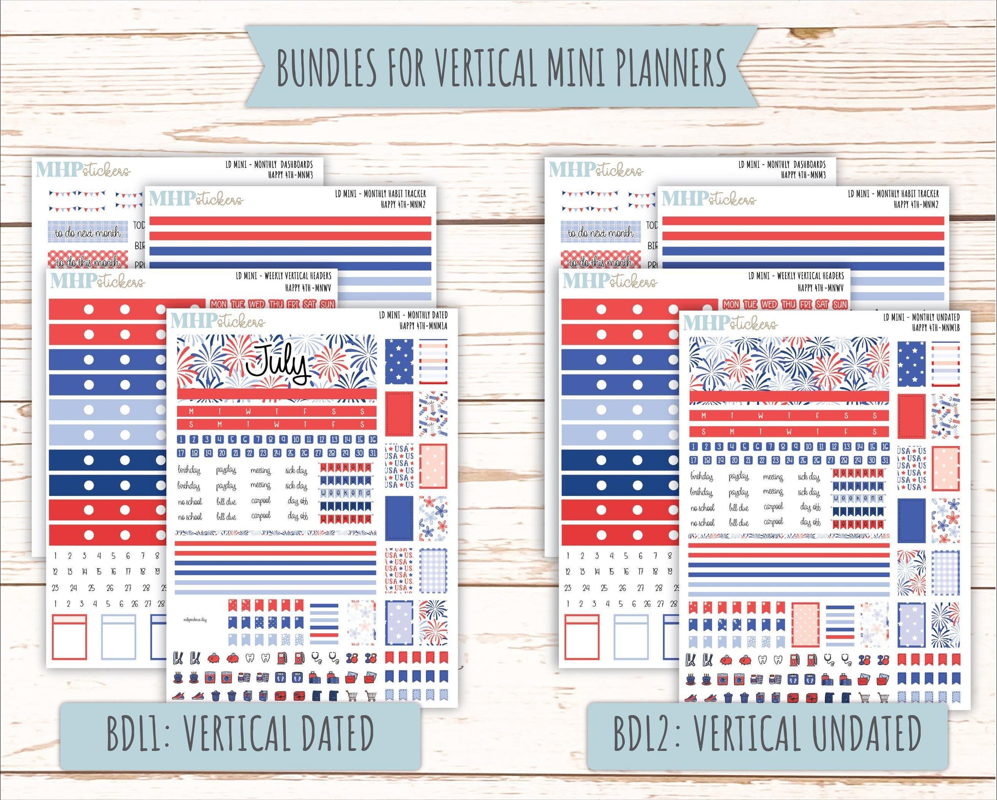 JULY 2025 Stickers for Small Horizontal & Vertical Laurel Denise Planners. (Formerly Mini Planner) "Happy 4th" || MN