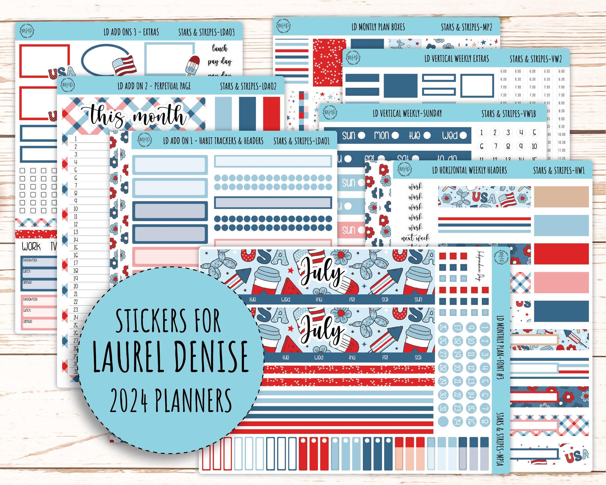 July Sticker for Large size Horizontal & Vertical Laurel Denise Planners. (Formerly Original Size) "Stars and Stripes" || OGSAS