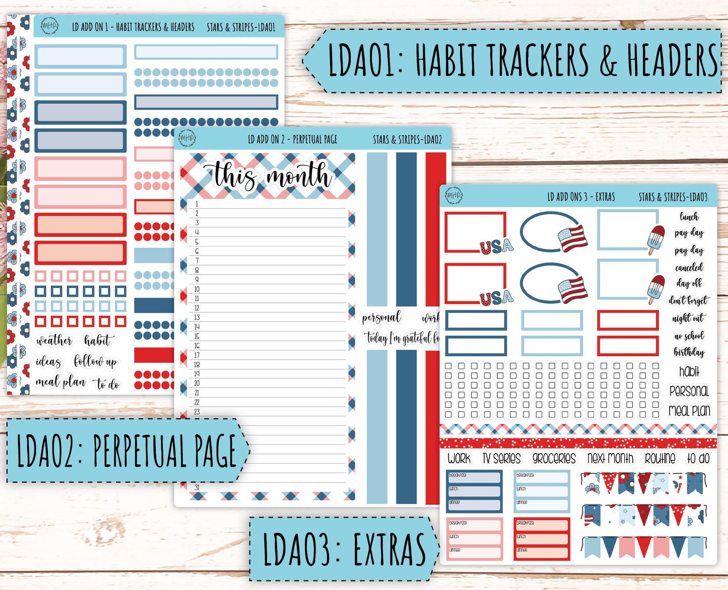July Sticker for Large size Horizontal & Vertical Laurel Denise Planners. (Formerly Original Size) "Stars and Stripes" || OGSAS