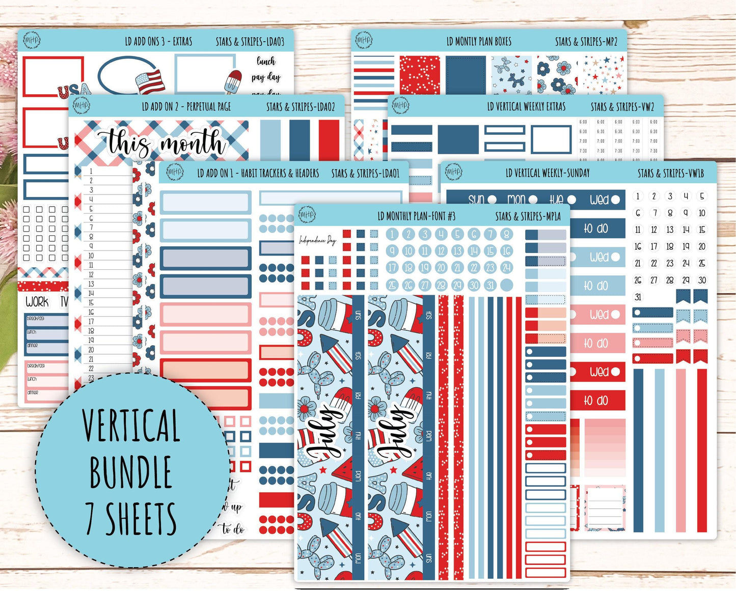 July Sticker for Large size Horizontal & Vertical Laurel Denise Planners. (Formerly Original Size) "Stars and Stripes" || OGSAS