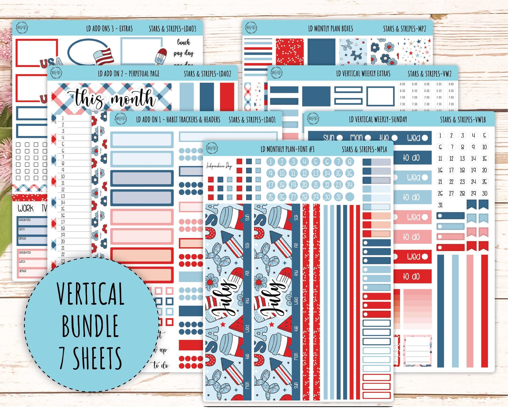 July Sticker for Large size Horizontal & Vertical Laurel Denise Planners. (Formerly Original Size) "Stars and Stripes" || OGSAS