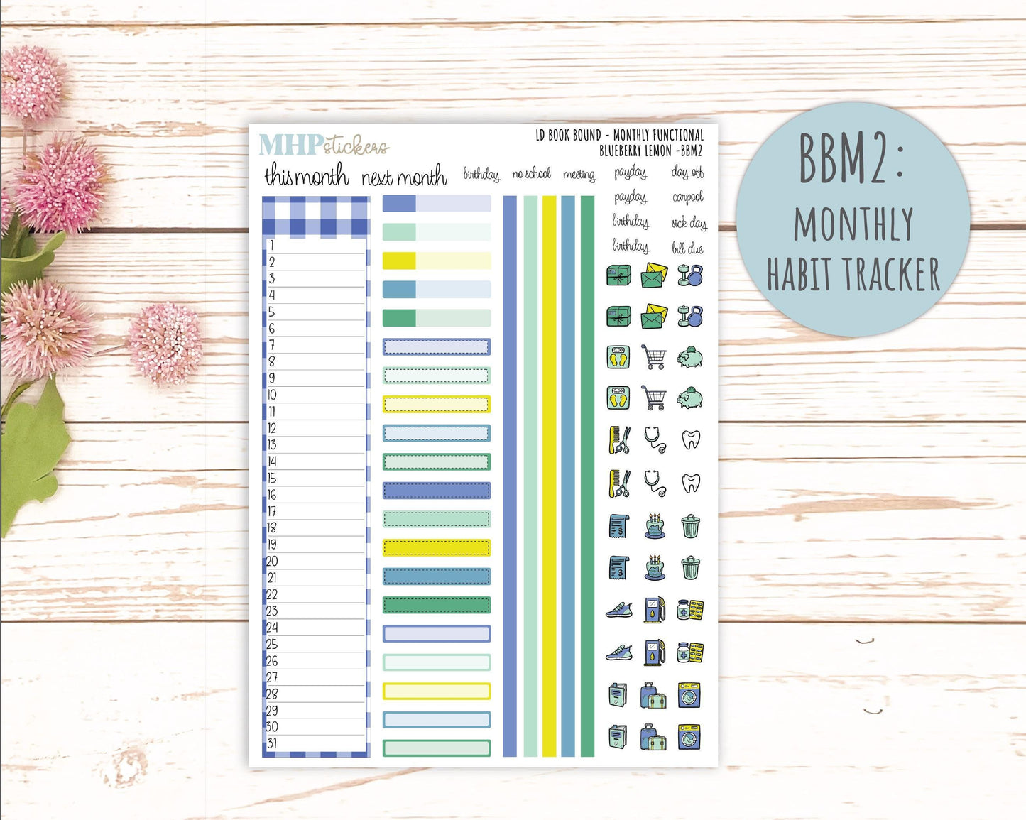July 2025 Stickers for The Mae & The Kristy Laurel Denise Planners ( Formerly Book Bound Planner) "Blueberry Lemon" || BB