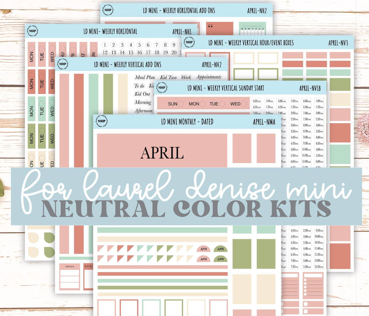 APRIL Neutral Color Stickers for Small Horizontal & Vertical Laurel Denise Planners. (Formerly Mini Planner) || NAPR