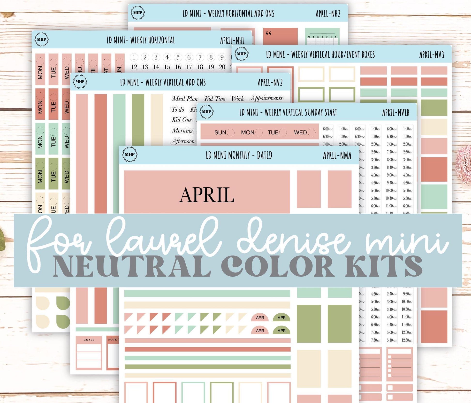 APRIL Neutral Color Stickers for Small Horizontal & Vertical Laurel Denise Planners. (Formerly Mini Planner) || NAPR