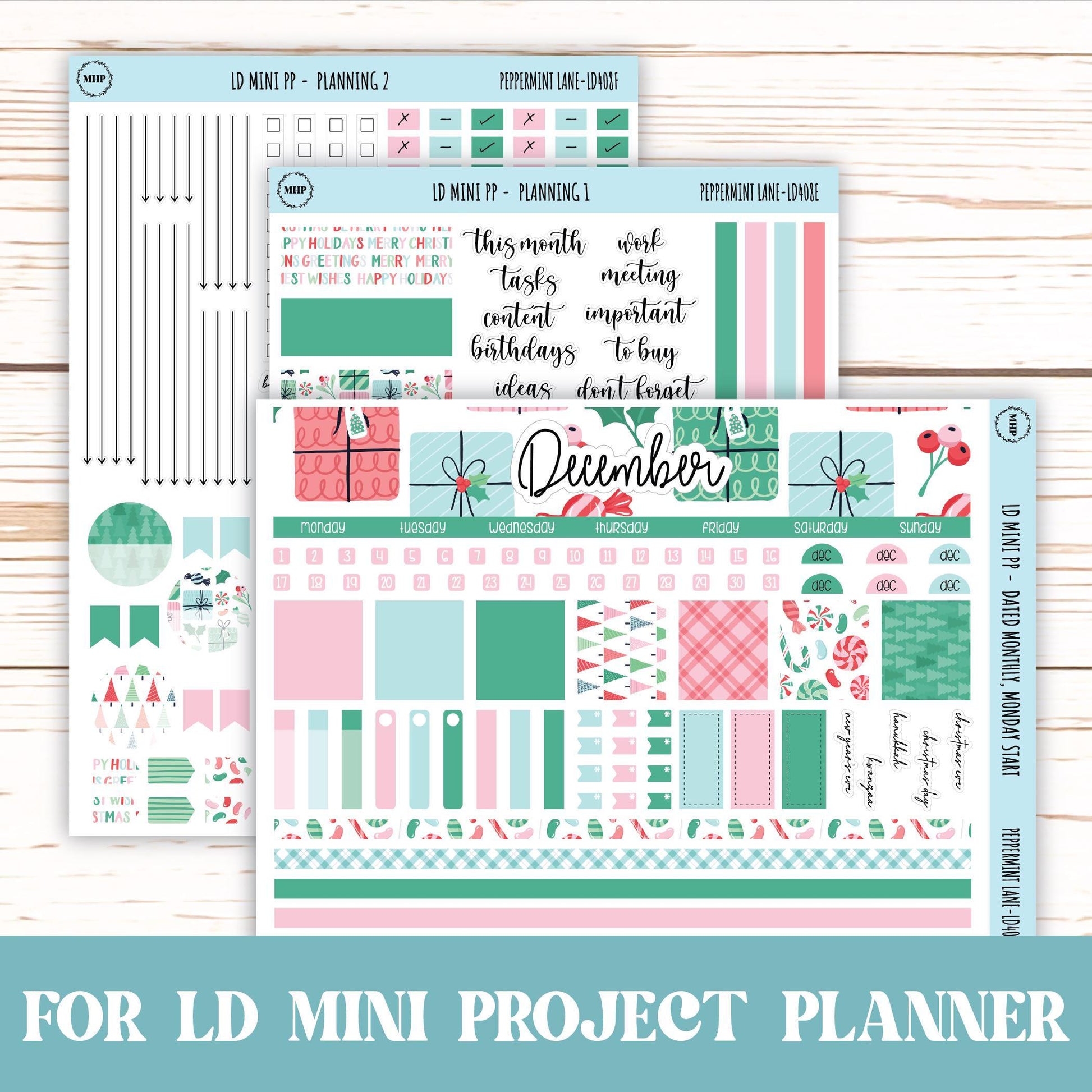 DECEMBER Stickers for The Rose Small Laurel Denise Planner (Formerly Mini Project Planner) "Peppermint Lane" || LD408PL