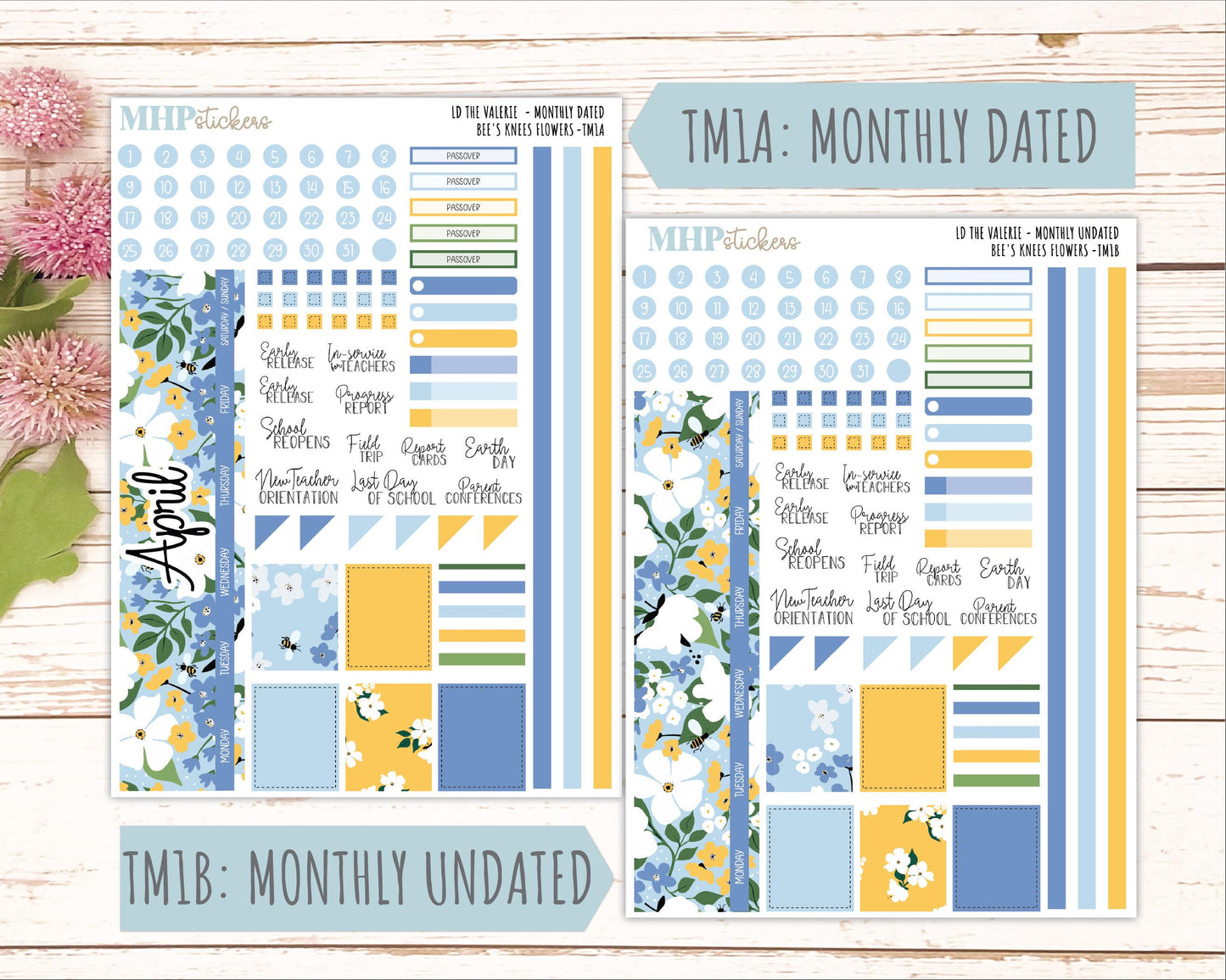 APRIL Stickers for The Valerie Laurel Denise Planner (Formerly Teacher Planner) "Bee's Knees Flowers" || TC