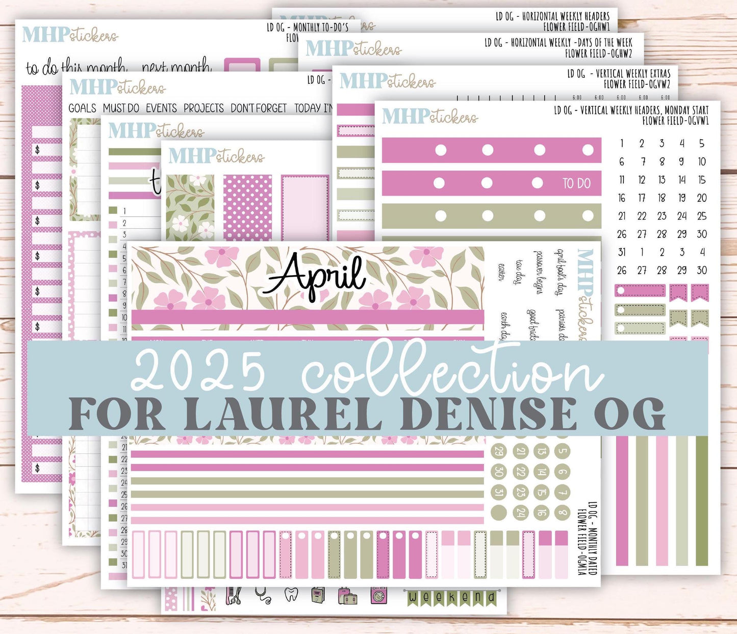 APRIL 2025 Stickers for Large size Horizontal & Vertical Laurel Denise Planner. (Formerly Original or Standar Size) "Flower Field" || OGFF