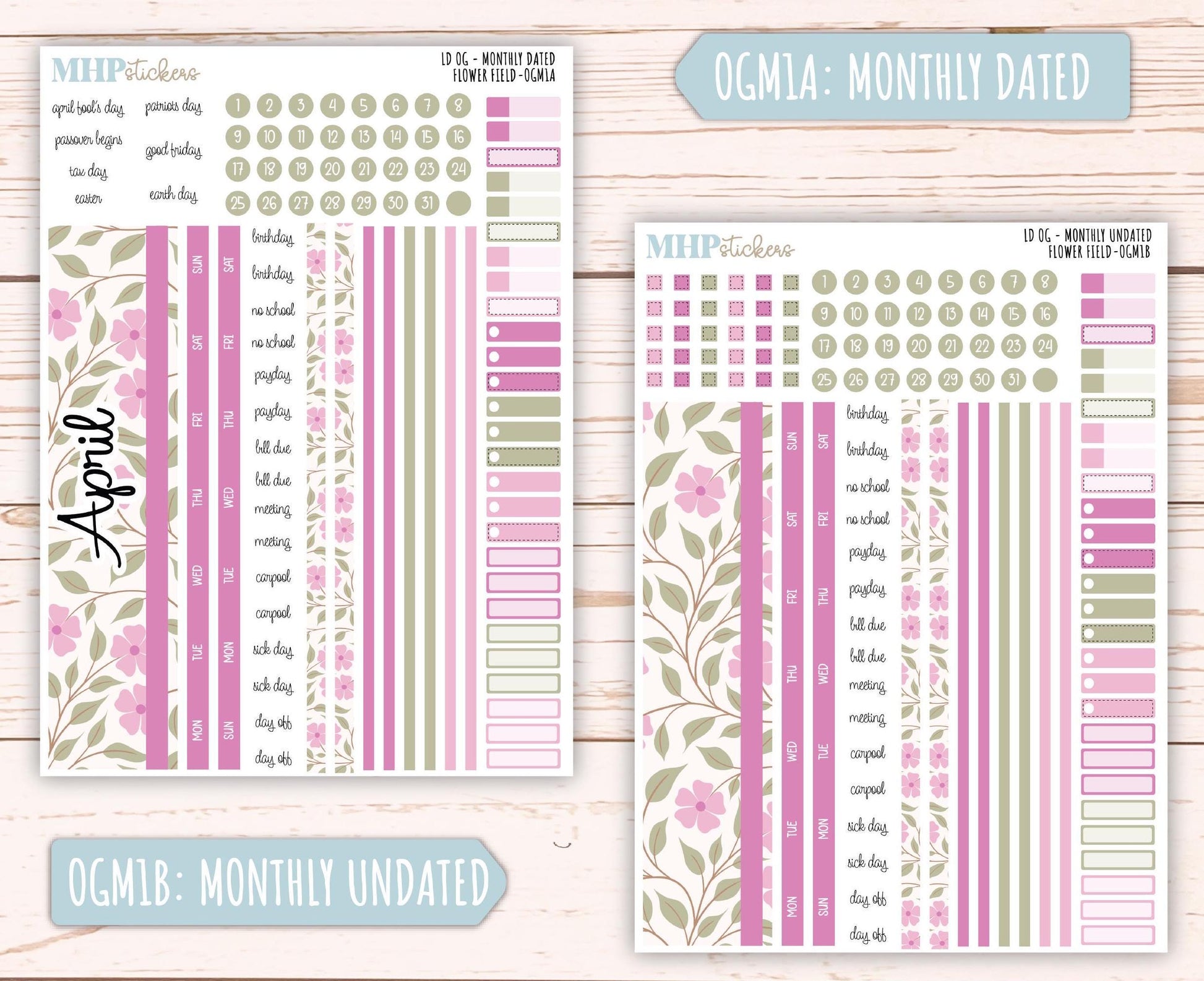 APRIL 2025 Stickers for Large size Horizontal & Vertical Laurel Denise Planner. (Formerly Original or Standar Size) "Flower Field" || OGFF