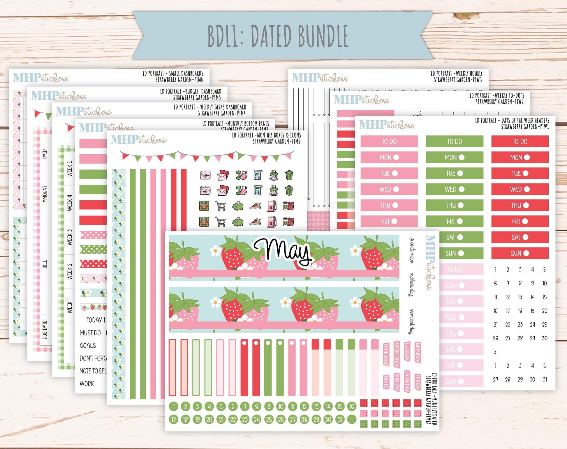 MAY 2025 Stickers for The Scout Laurel Denise Planner (formerly Portrait Planner). "Strawberry Garden" || PTSG