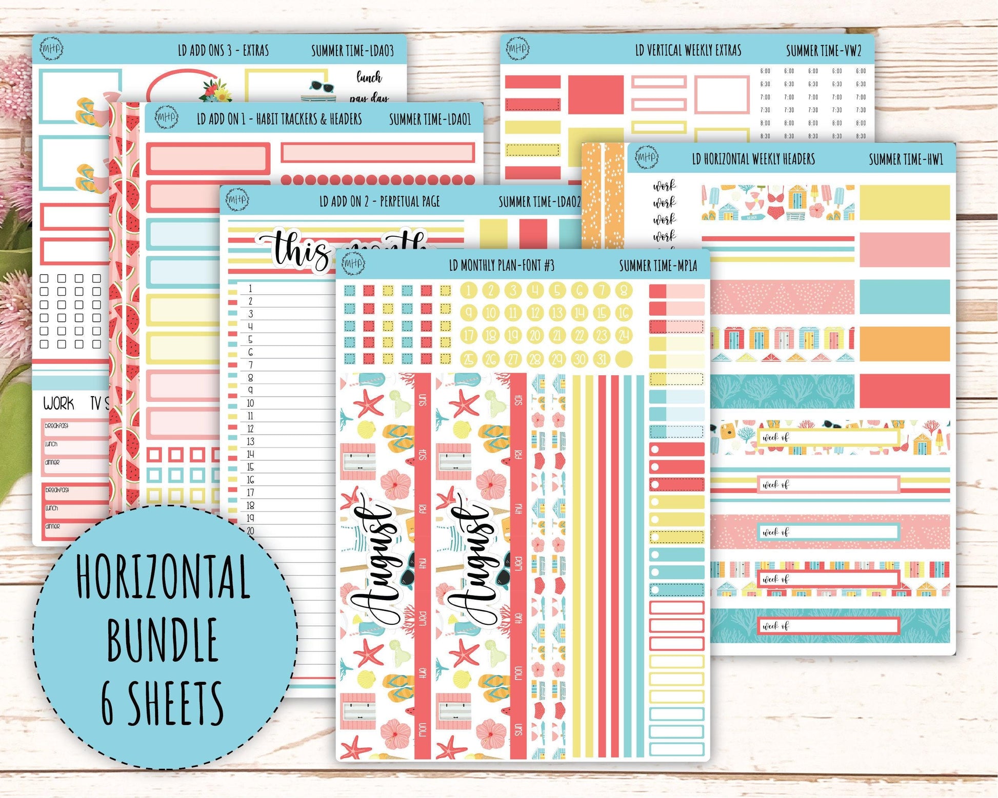 August Stickers for Large size Horizontal & Vertical Laurel Denise Planner. (Formerly Original or Standar Size) "Summer Time" || MPST