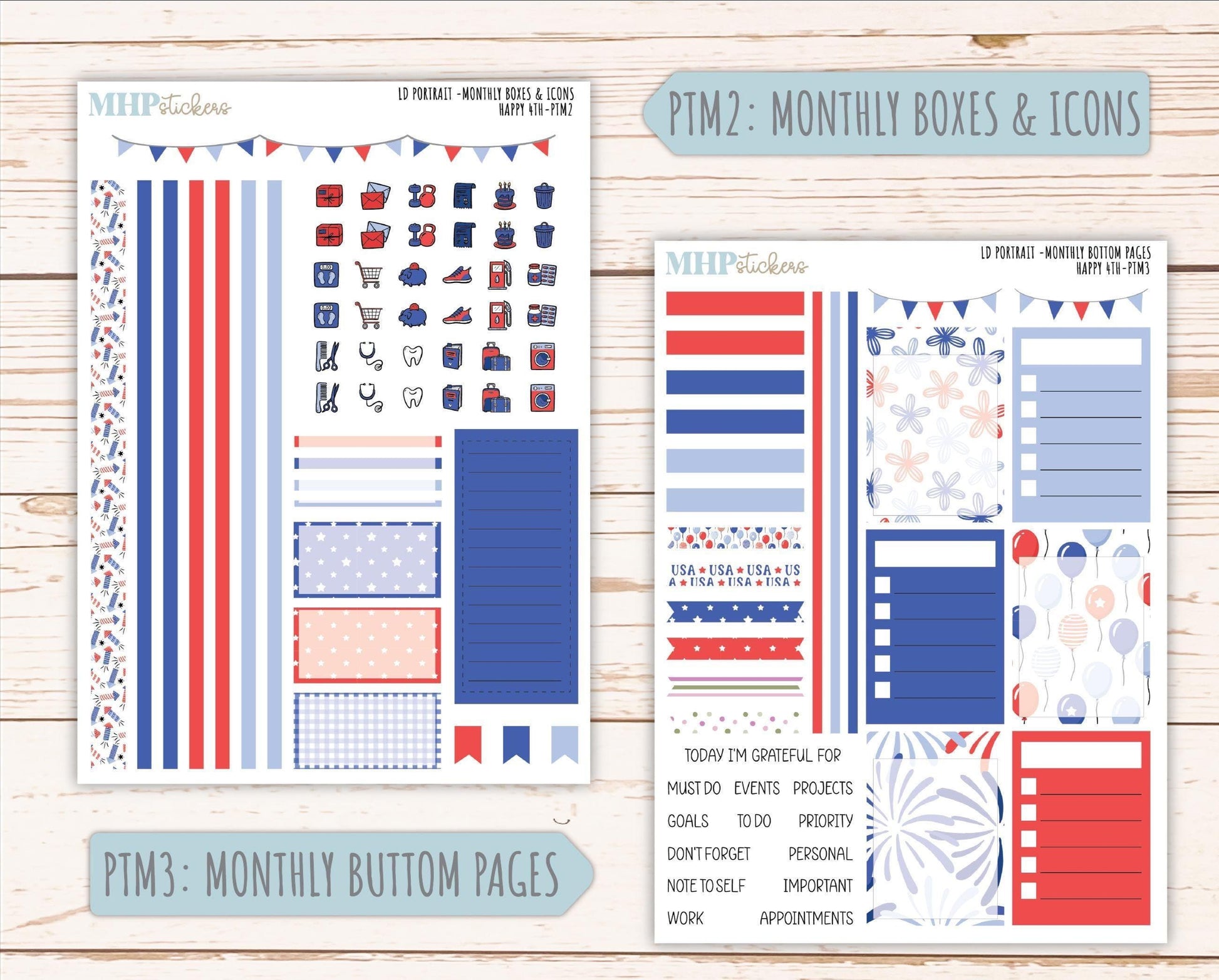 JULY 2025 Stickers for The Scout Laurel Denise Planner (formerly Portrait Planner). "Happy 4th" || PTH4