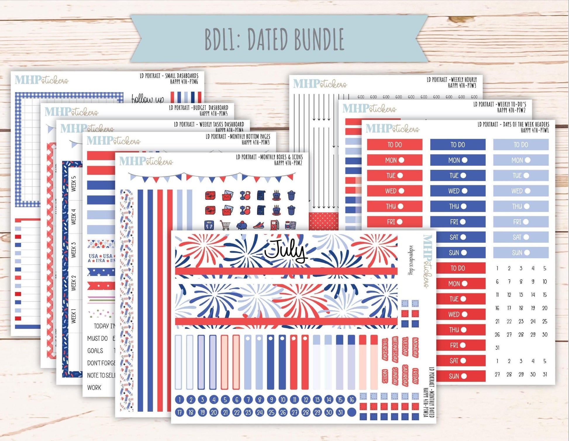 JULY 2025 Stickers for The Scout Laurel Denise Planner (formerly Portrait Planner). "Happy 4th" || PTH4