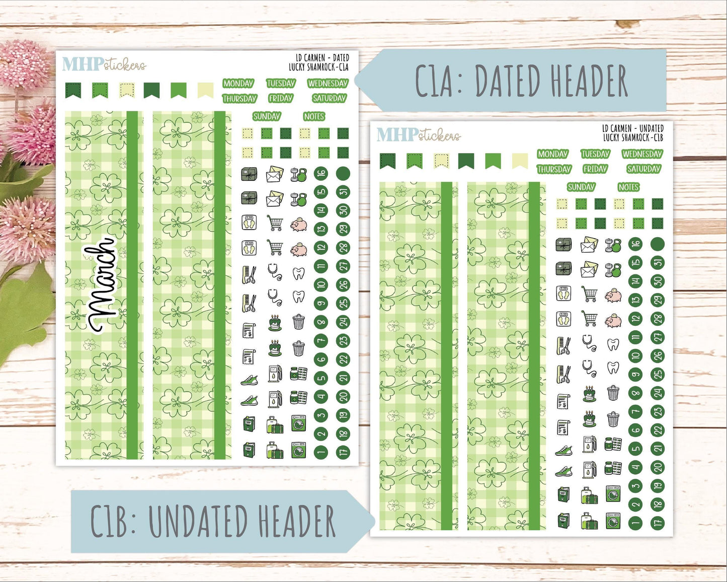 MARCH 2026 Stickers for The Carmen Laurel Denise Planner (Simply Month Planner). "Lucky Shamrock" || C