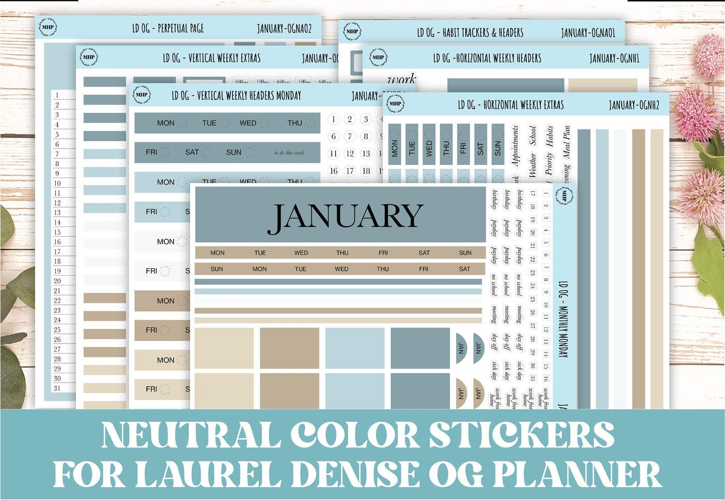 Neutral Color Stickers for Large size Horizontal & Vertical Laurel Denise Planner. (Formerly Original or Standar Size) JANUARY || OGNJAN