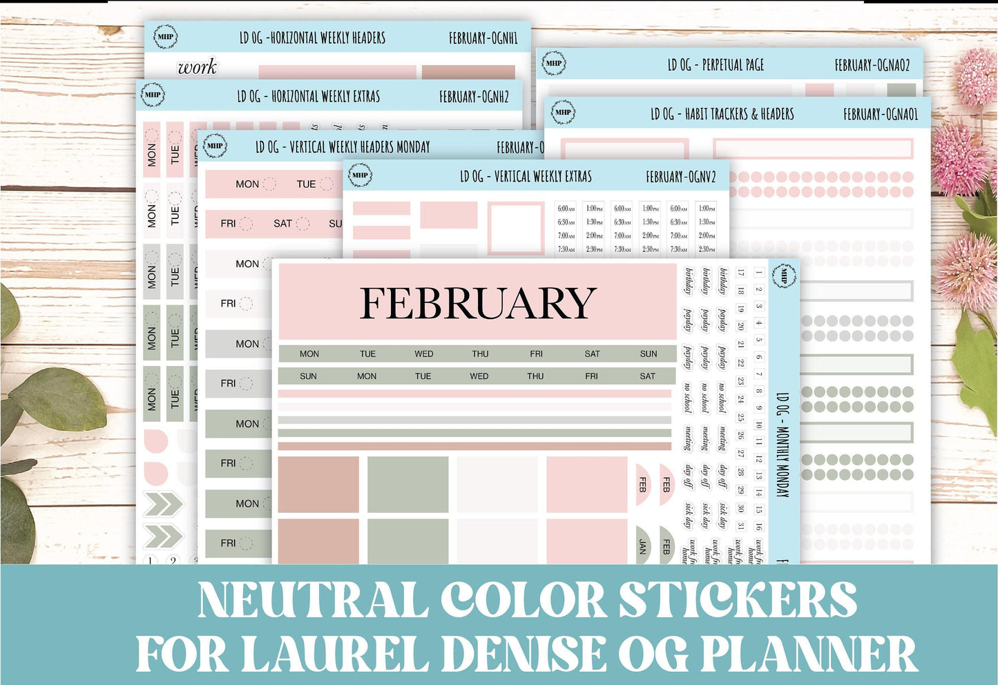 Neutral Color Stickers for Large size Horizontal & Vertical Laurel Denise Planner. (Formerly Original or Standar Size) FEBRUARY || OGNFEB
