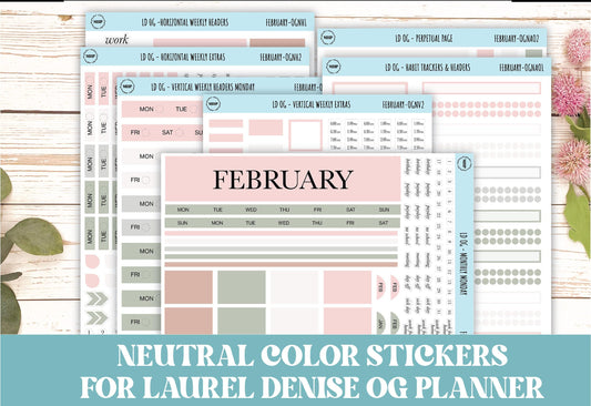 Neutral Color Stickers for Large size Horizontal & Vertical Laurel Denise Planner. (Formerly Original or Standar Size) FEBRUARY || OGNFEB