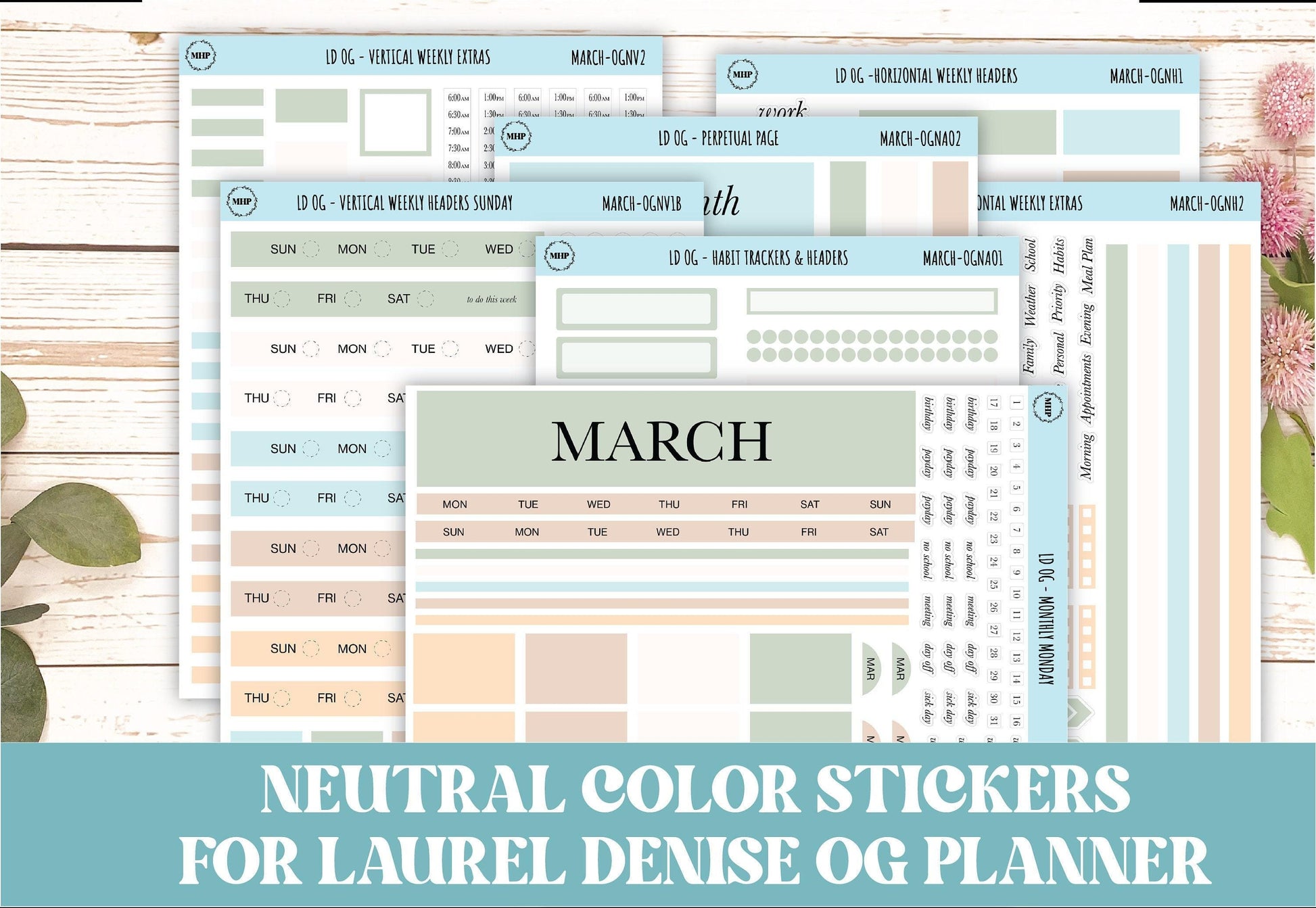 Neutral Color Stickers for Large size Horizontal & Vertical Laurel Denise Planner. (Formerly Original or Standar Size) MARCH || OGNMAR