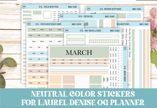 Neutral Color Stickers for Large size Horizontal & Vertical Laurel Denise Planner. (Formerly Original or Standar Size) MARCH || OGNMAR