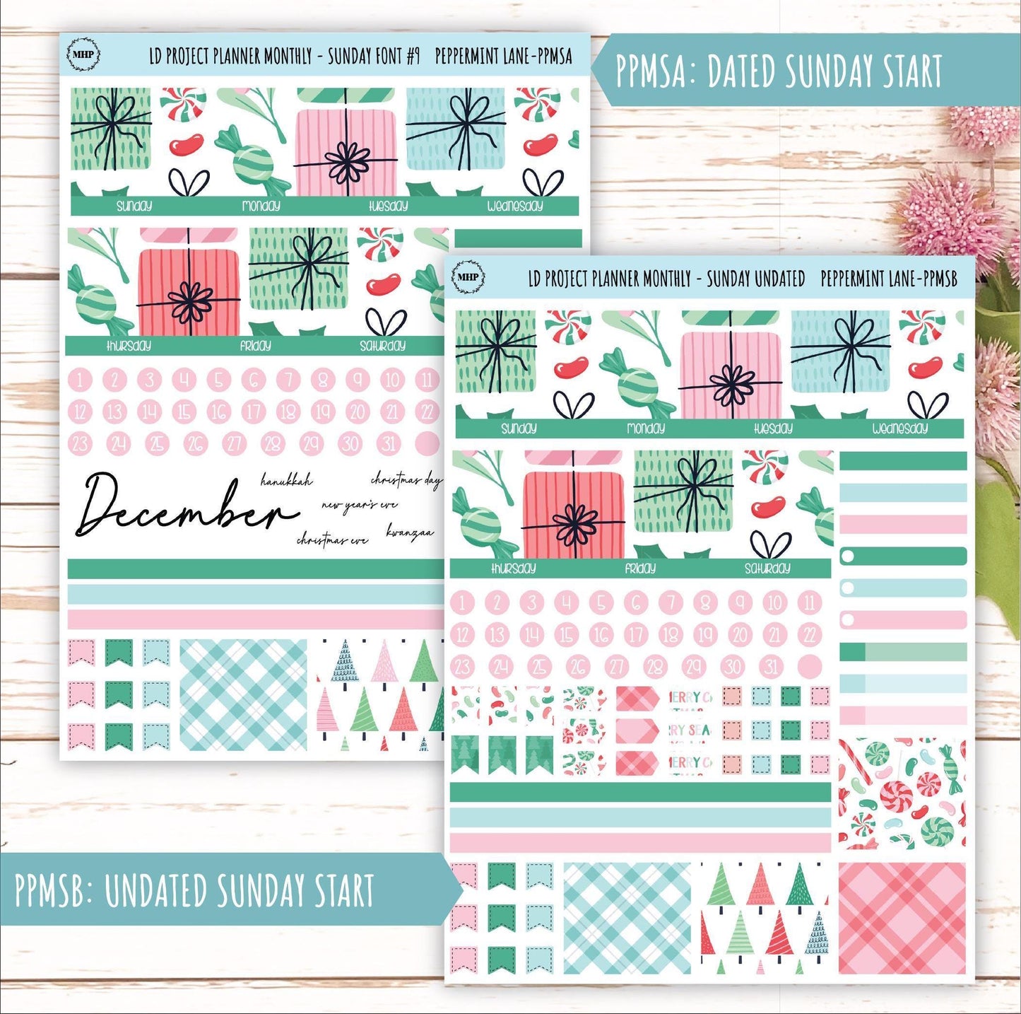 DECEMBER Stickers for The Rose Large Laurel Denise Planner (Formerly Project Planner) "Peppermint Lane" || PPPL