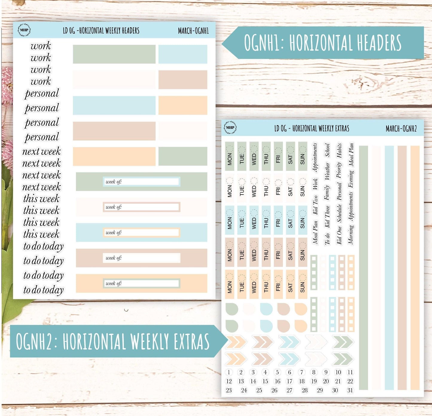Neutral Color Stickers for Large size Horizontal & Vertical Laurel Denise Planner. (Formerly Original or Standar Size) MARCH || OGNMAR