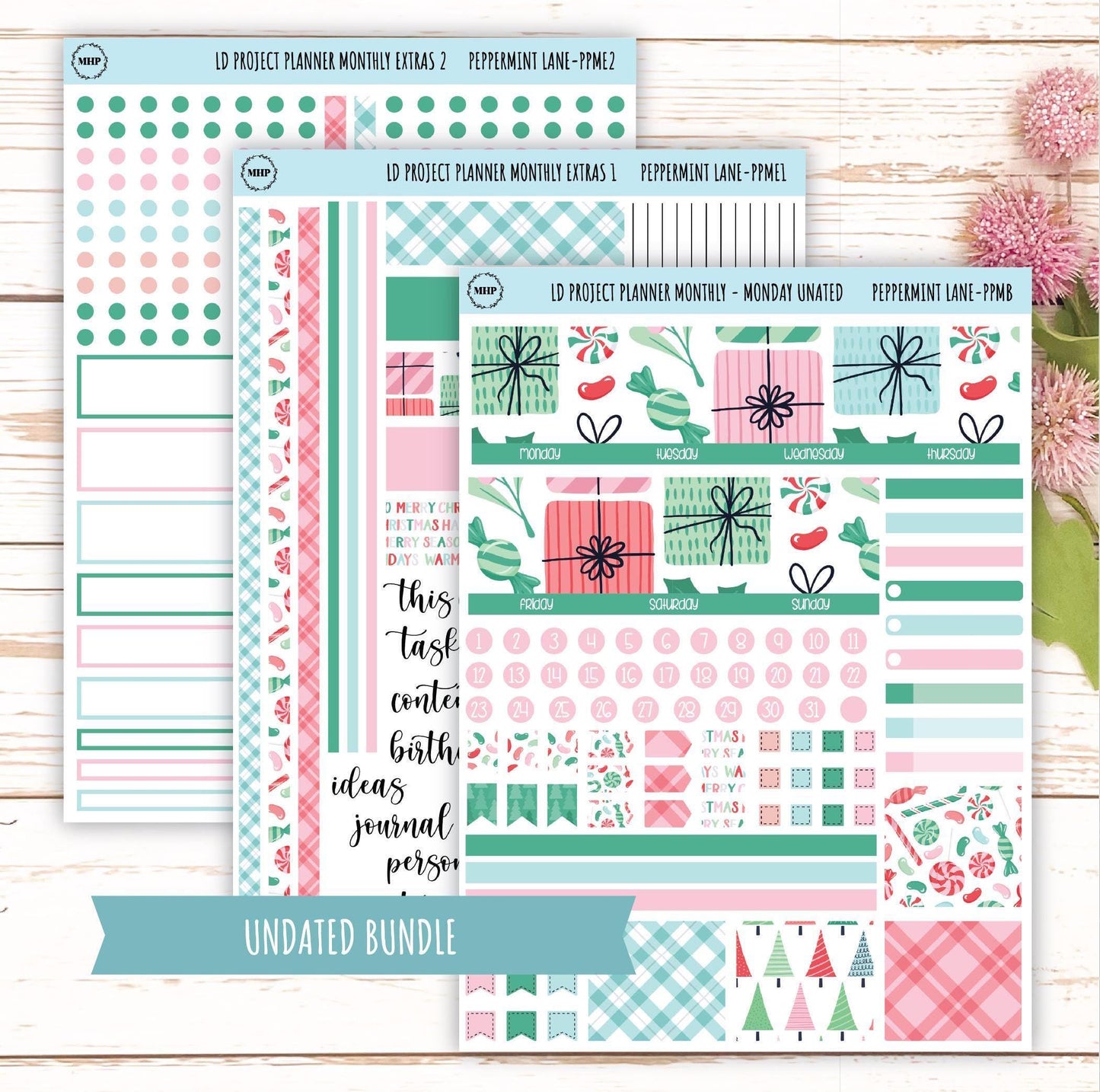 DECEMBER Stickers for The Rose Large Laurel Denise Planner (Formerly Project Planner) "Peppermint Lane" || PPPL