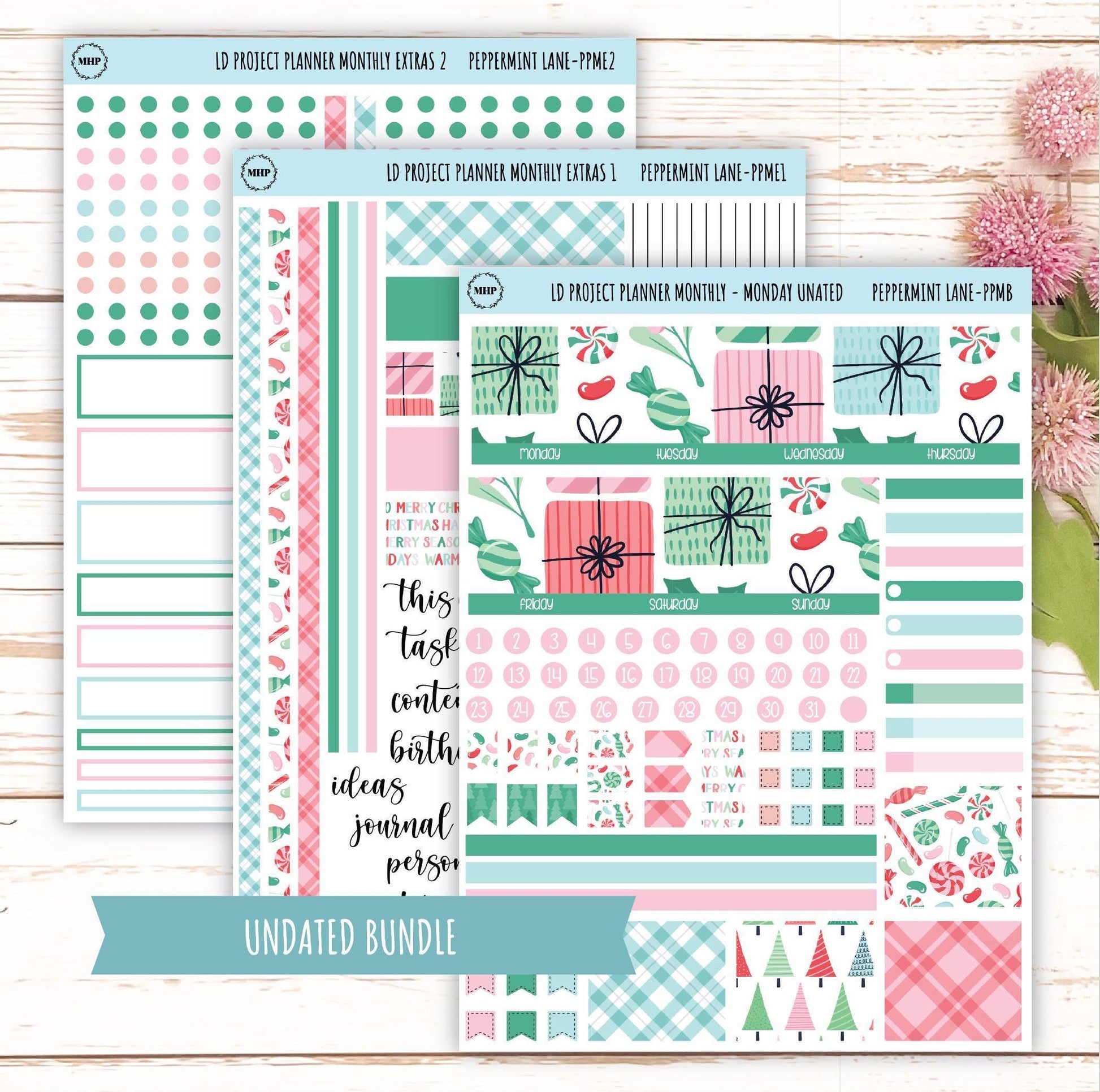 DECEMBER Stickers for The Rose Large Laurel Denise Planner (Formerly Project Planner) "Peppermint Lane" || PPPL