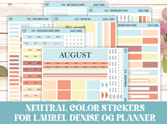 Neutral Color Stickers for Large size Horizontal & Vertical Laurel Denise Planner. (Formerly Original or Standar Size) AUGUST || OGNAUG