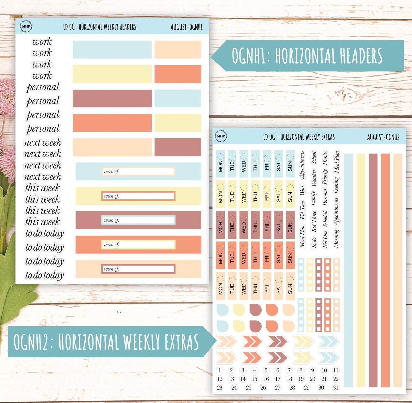 Neutral Color Stickers for Large size Horizontal & Vertical Laurel Denise Planner. (Formerly Original or Standar Size) AUGUST || OGNAUG