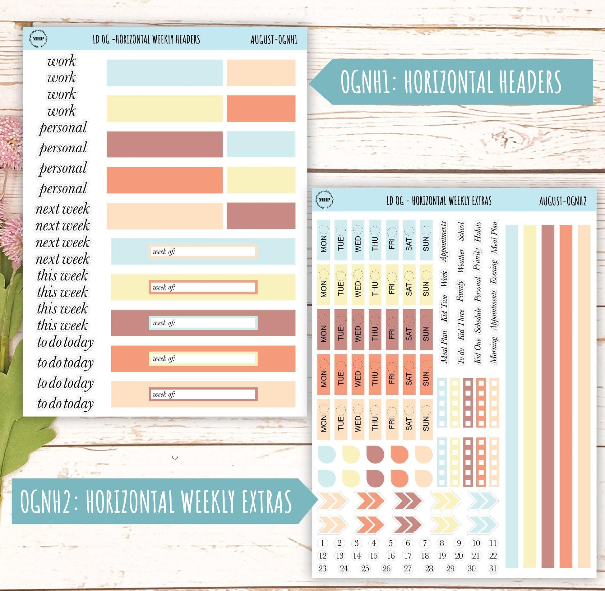 Neutral Color Stickers for Large size Horizontal & Vertical Laurel Denise Planner. (Formerly Original or Standar Size) AUGUST || OGNAUG