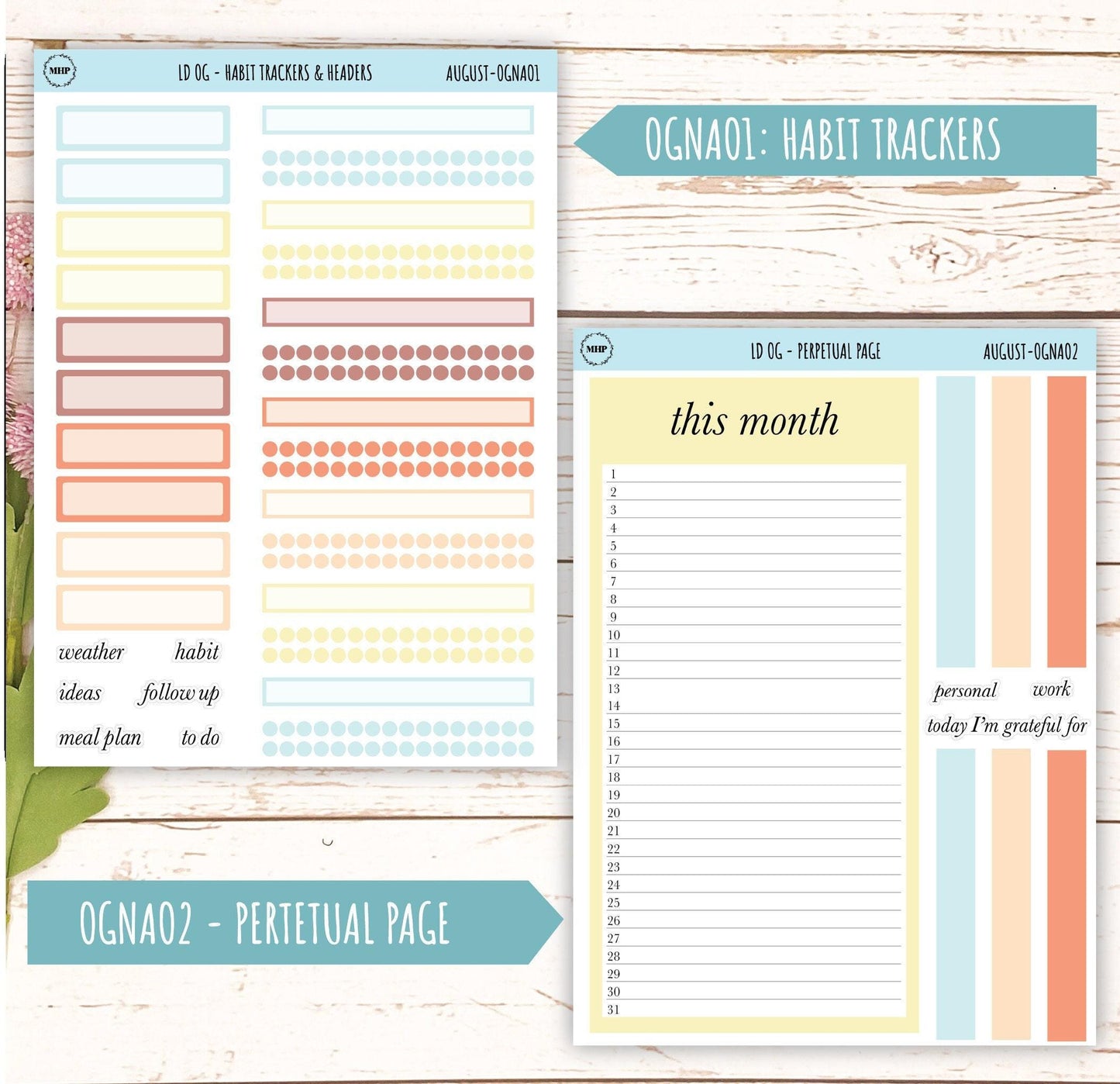 Neutral Color Stickers for Large size Horizontal & Vertical Laurel Denise Planner. (Formerly Original or Standar Size) AUGUST || OGNAUG