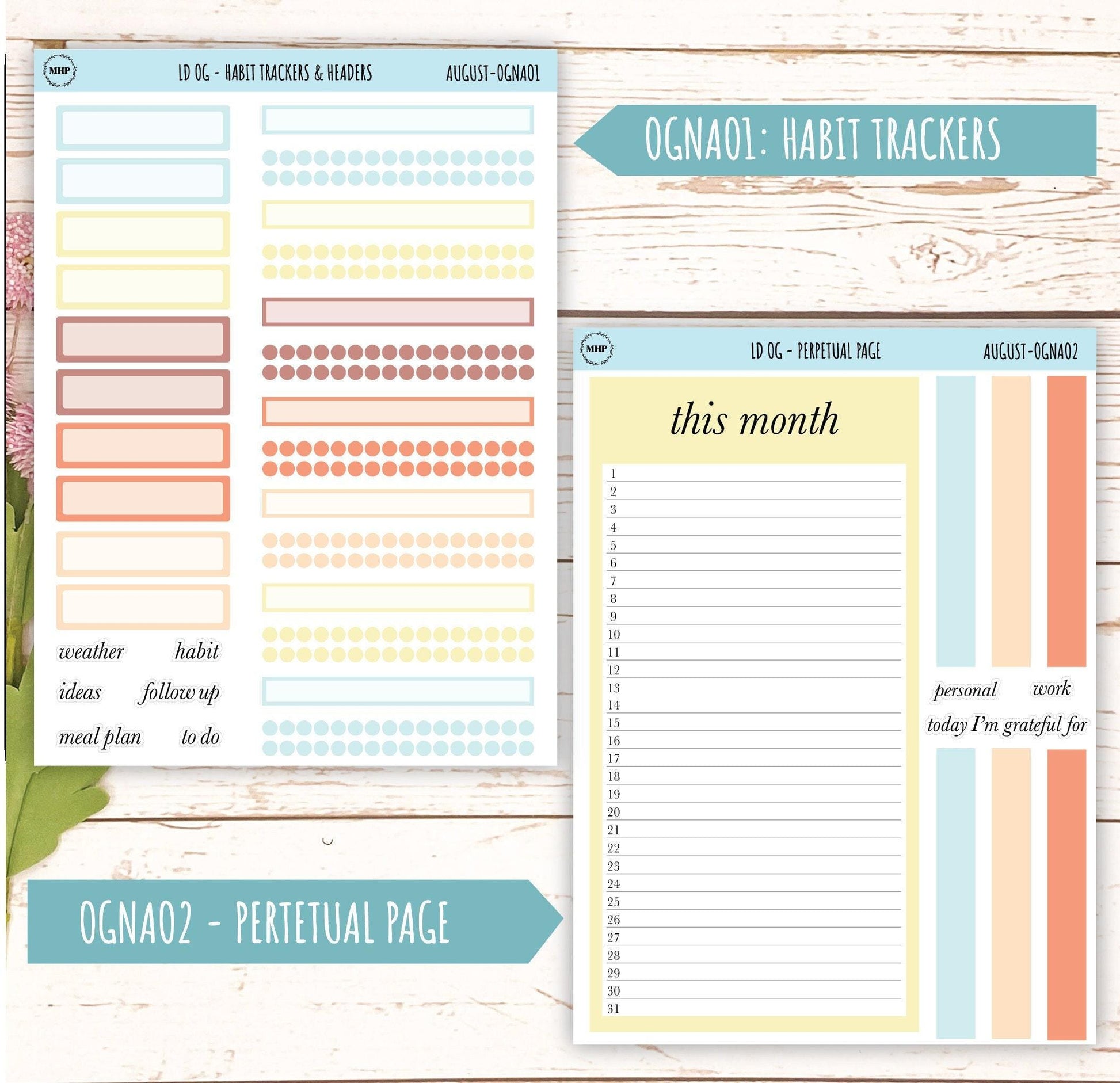 Neutral Color Stickers for Large size Horizontal & Vertical Laurel Denise Planner. (Formerly Original or Standar Size) AUGUST || OGNAUG