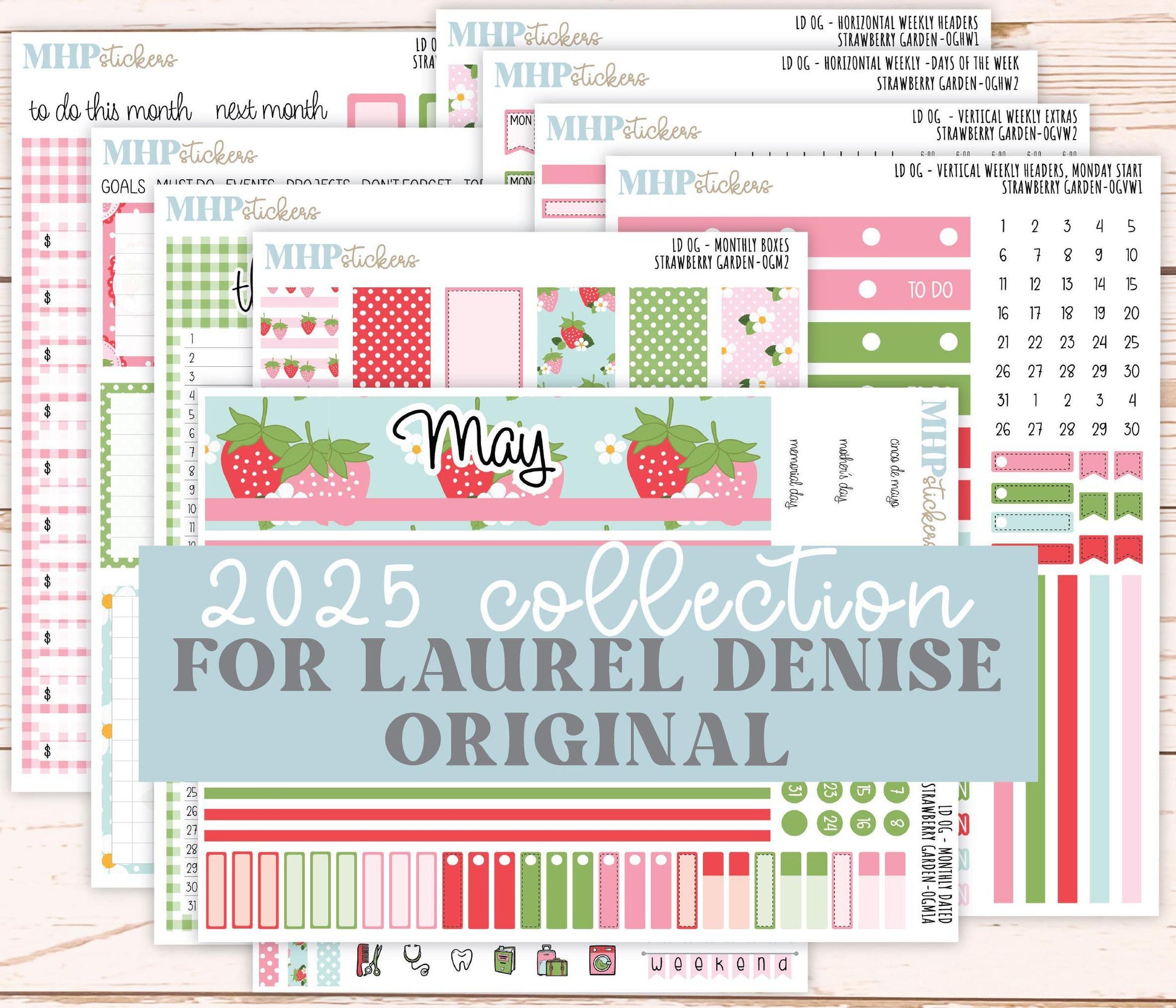 MAY 2025 Stickers for Large size Horizontal & Vertical Laurel Denise Planners. (Formerly Original Size) "Strawberry Garden" || OGSG