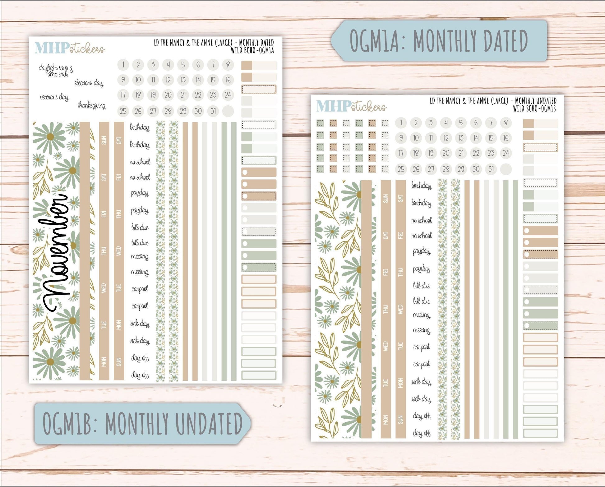 NOVEMBER 2025 Stickers for Large-size Horizontal & Vertical Laurel Denise Planners. (Formerly Original Size) "Wild Boho" || OG