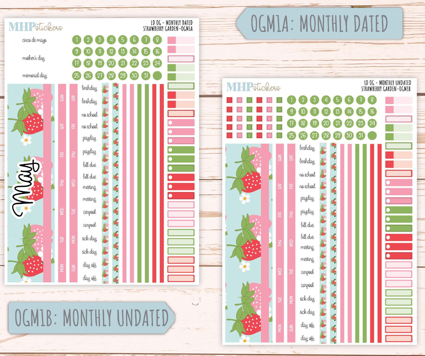 MAY 2025 Stickers for Large size Horizontal & Vertical Laurel Denise Planners. (Formerly Original Size) "Strawberry Garden" || OGSG