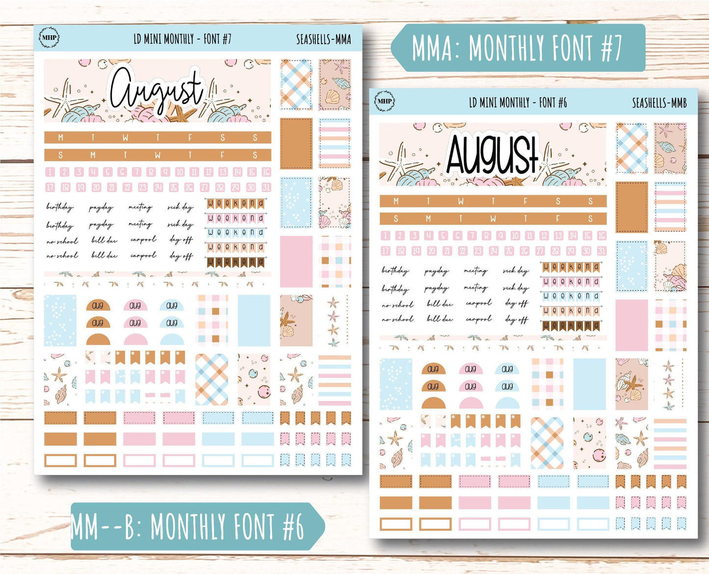 August Stickers for Small Horizontal & Vertical Laurel Denise Planners. (Formerly Mini Planner) "Seashells" || MSH