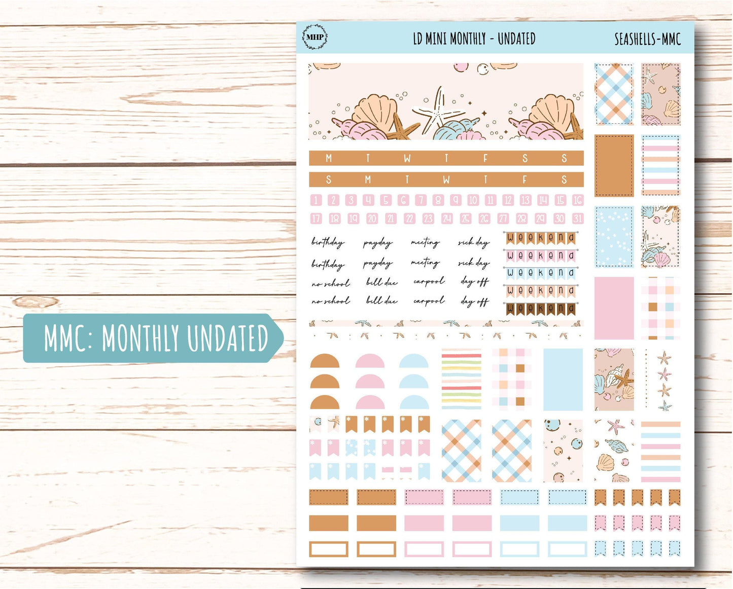 August Stickers for Small Horizontal & Vertical Laurel Denise Planners. (Formerly Mini Planner) "Seashells" || MSH