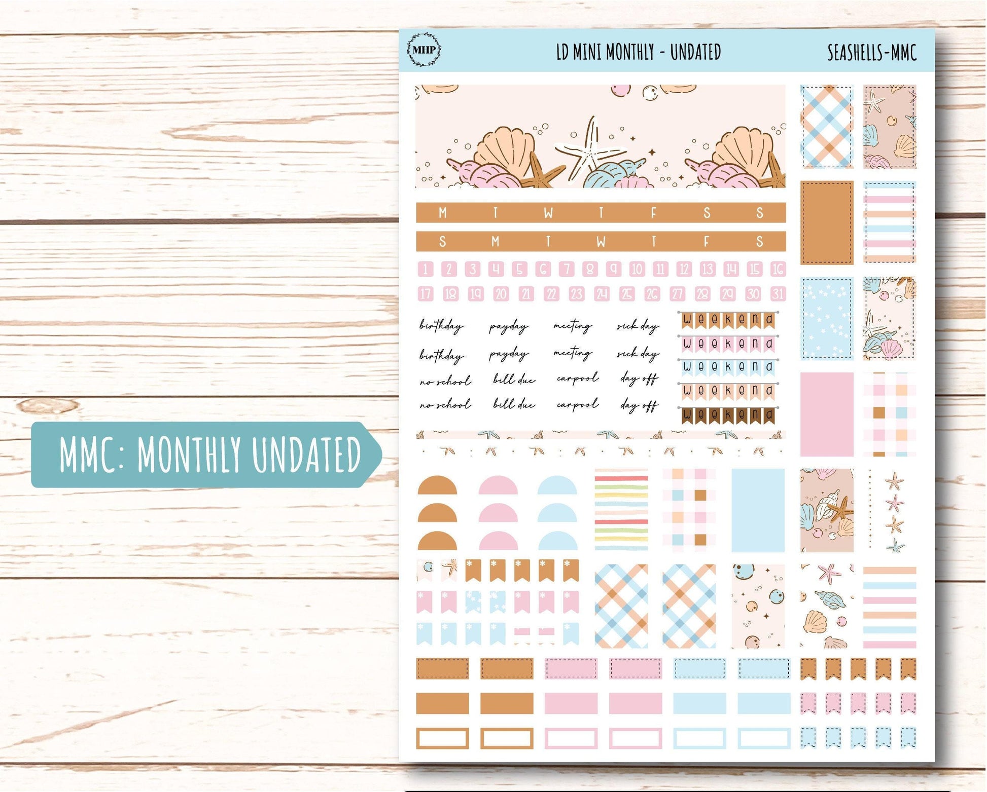August Stickers for Small Horizontal & Vertical Laurel Denise Planners. (Formerly Mini Planner) "Seashells" || MSH