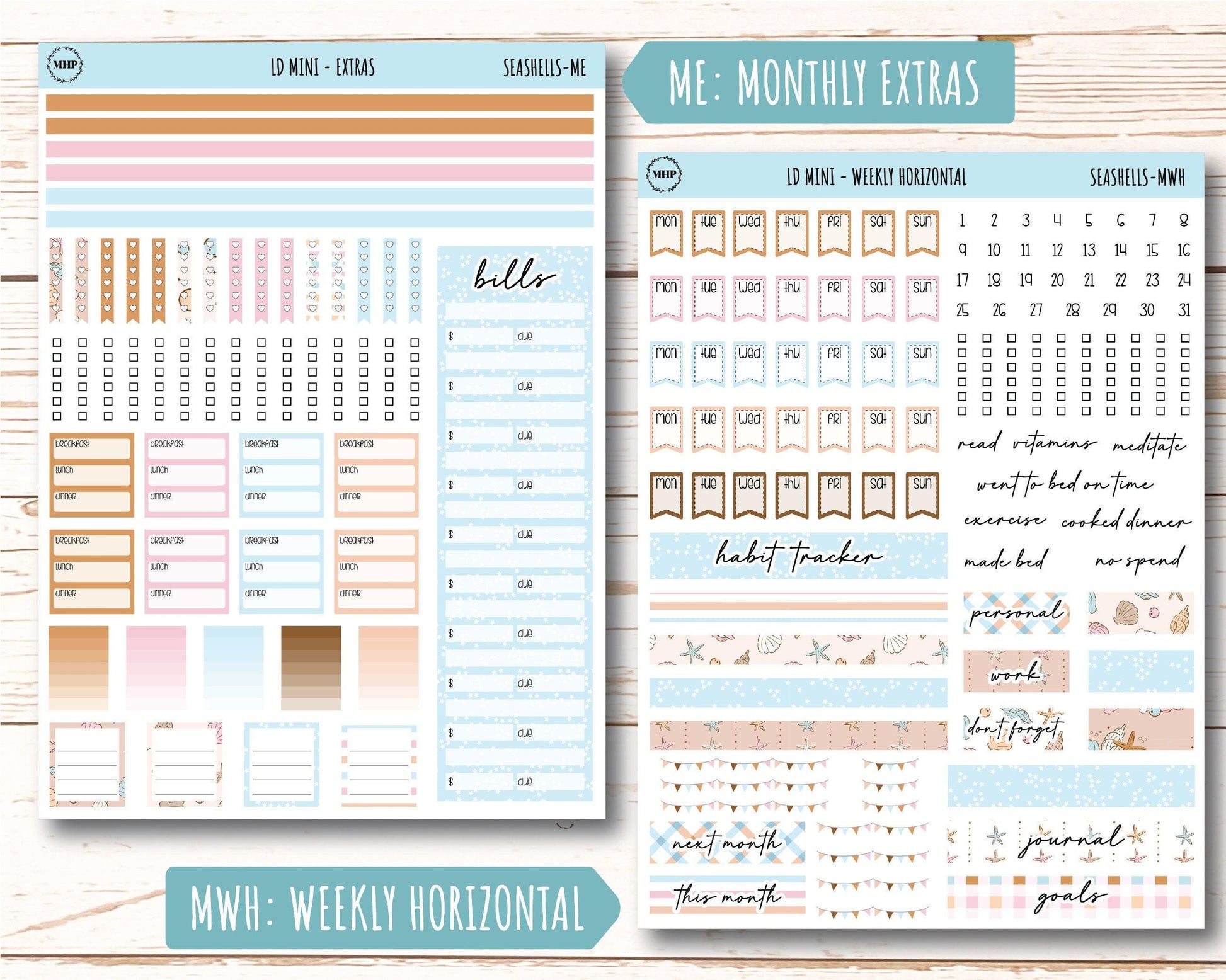 August Stickers for Small Horizontal & Vertical Laurel Denise Planners. (Formerly Mini Planner) "Seashells" || MSH