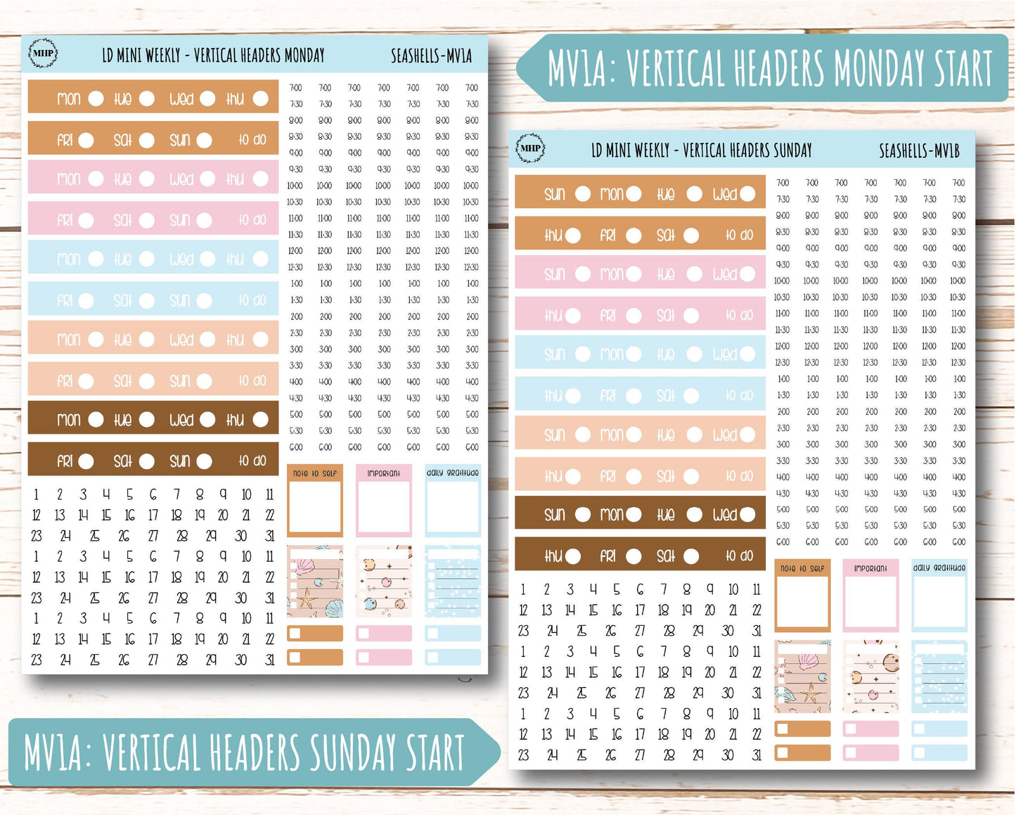 August Stickers for Small Horizontal & Vertical Laurel Denise Planners. (Formerly Mini Planner) "Seashells" || MSH
