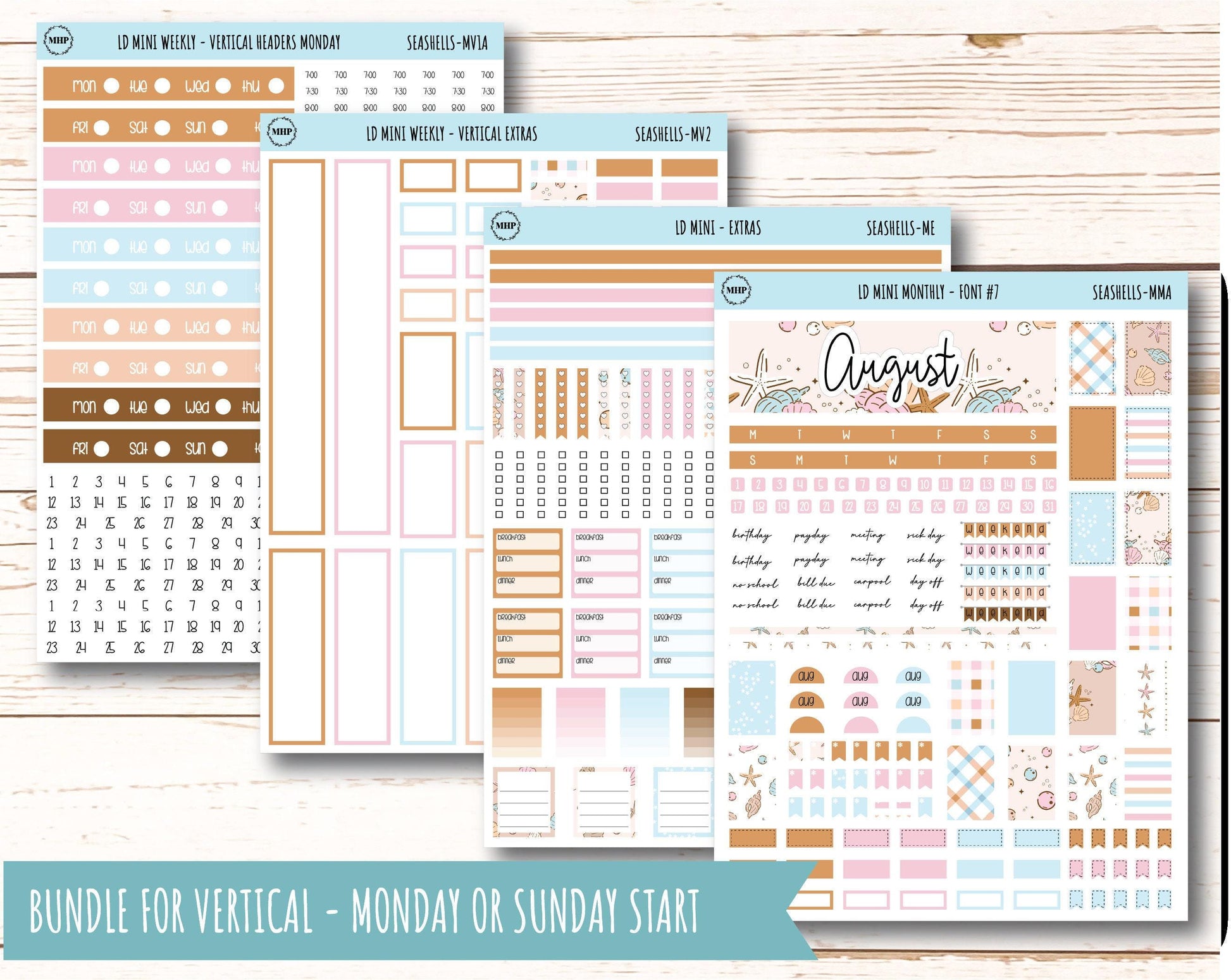August Stickers for Small Horizontal & Vertical Laurel Denise Planners. (Formerly Mini Planner) "Seashells" || MSH