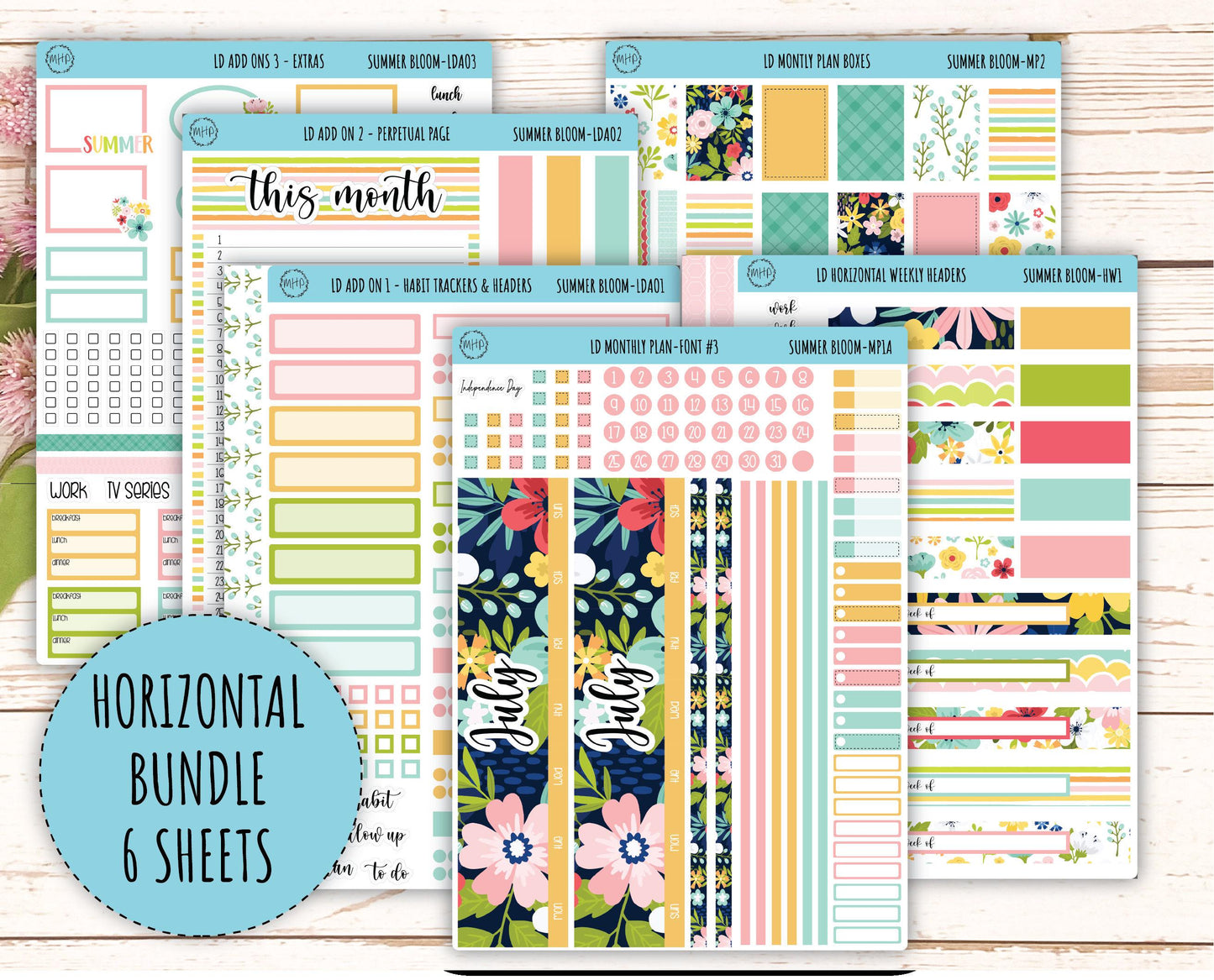 July Sticker for Large size Horizontal & Vertical Laurel Denise Planner. (Formerly Original or Standar Size) "Summer Bloom" || MPSB