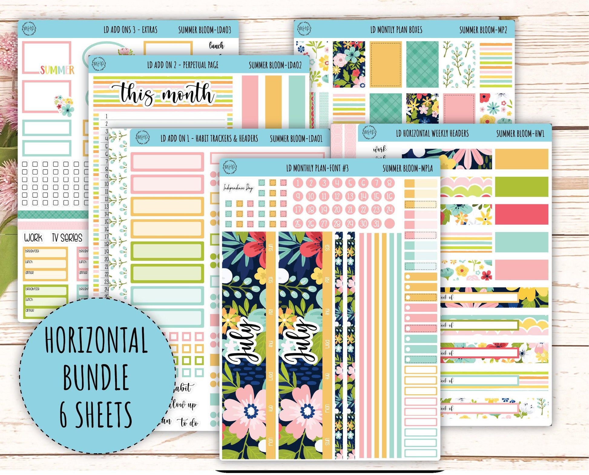July Sticker for Large size Horizontal & Vertical Laurel Denise Planner. (Formerly Original or Standar Size) "Summer Bloom" || MPSB