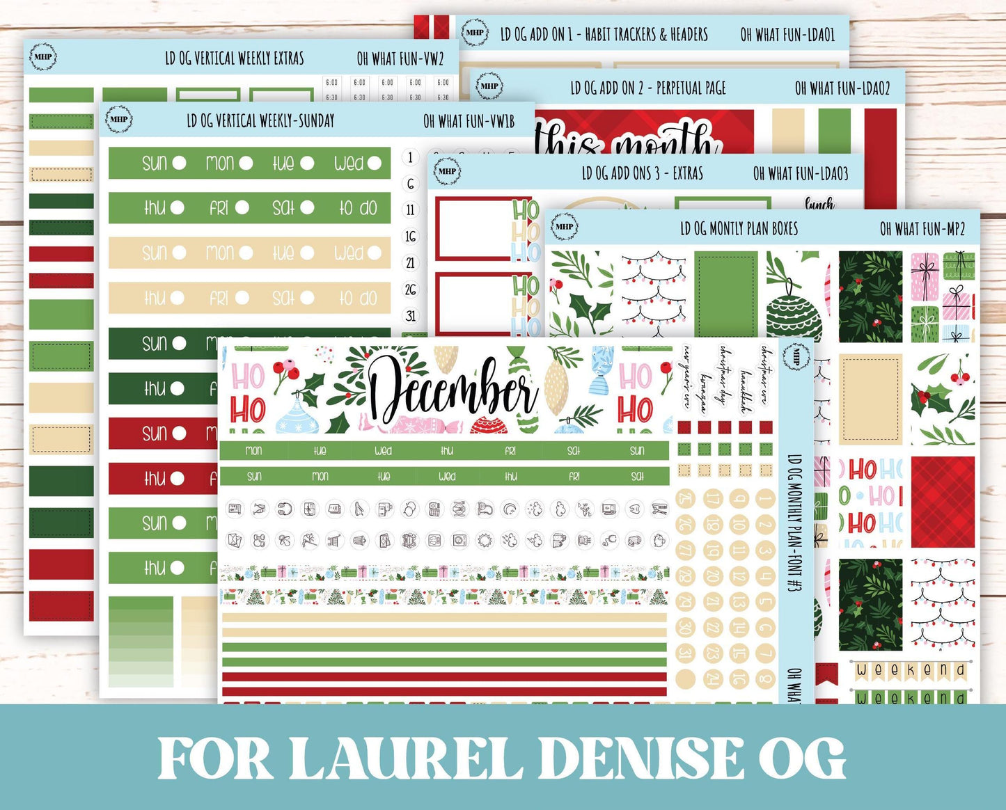 DECEMBER Stickers for Large size Horizontal & Vertical Laurel Denise Planner. (Formerly Original or Standar Size) "Oh What Fun" || OGOWF