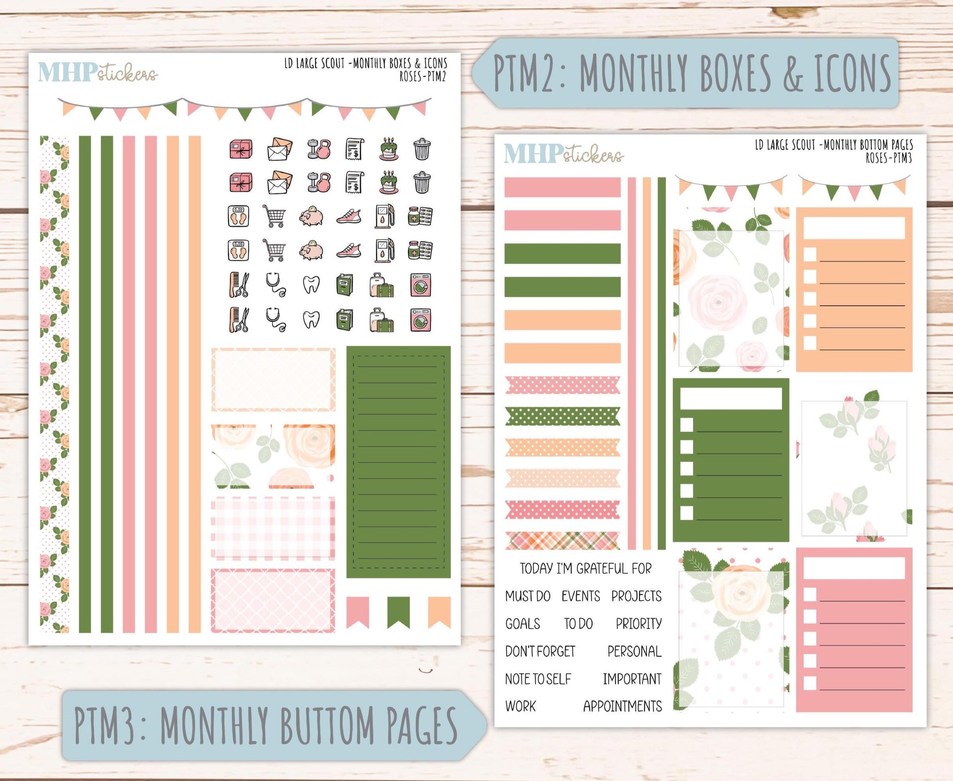 MAY 2026 Stickers for the Large Scout Laurel Denise Planners. "Roses" || PT