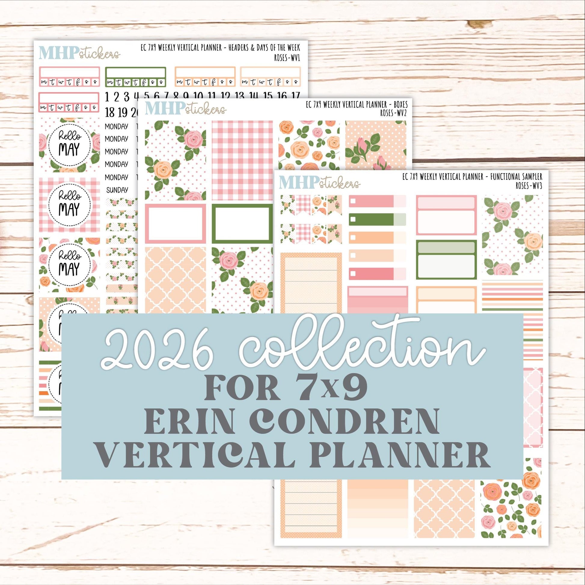 MAY Weekly Vertical Kits for 7x9 Erin Condren Planners. 2026 Collection "Roses" || ECWV