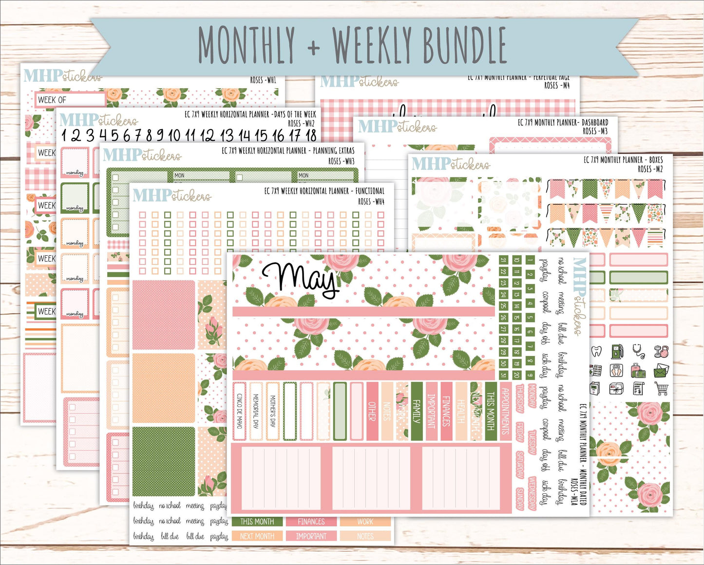 MAY Weekly Horizontal Planning Kit for 7x9 Erin Condren Planners. 2026 Collection "Roses" || ECWH